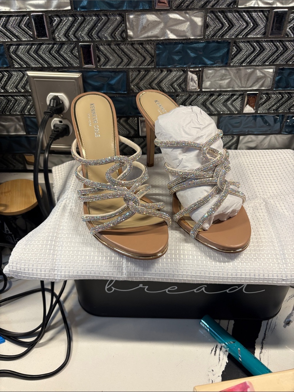 Kenneth Cole Crystal-Strap High Heel Sandals in Tan and Silver